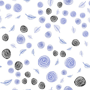 浅蓝色矢量无缝涂鸦与叶子和花的背景。在白色背景上粗略地涂鸦。为墙纸织物制造商设计。