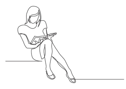 坐着看书的年轻女子的连续线条画