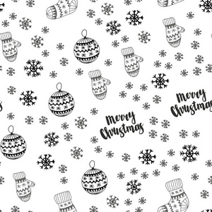 深灰色矢量无缝布局与明亮的雪花球，袜子手套。 在圣诞节风格中闪耀着五颜六色的插图。 织物壁纸设计图案。