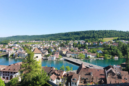 瑞士小镇沙夫豪森的全景。 莱茵河。