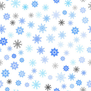 浅蓝色矢量无缝纹理与彩色雪花。 闪耀的彩色插图与雪在圣诞节风格。 织物壁纸设计图案。