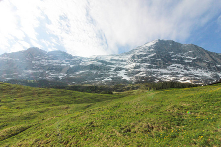 山的绿色田野。 瑞士Titlis从360度的角度全景了瑞士的热门旅游景点。