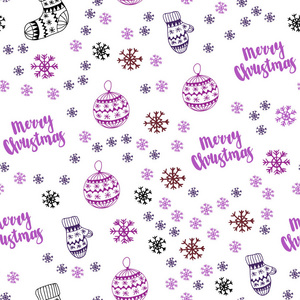 浅粉红色矢量无缝布局与明亮的雪花球，袜子手套。 带有圣诞符号的彩色插图。 织物壁纸设计图案。