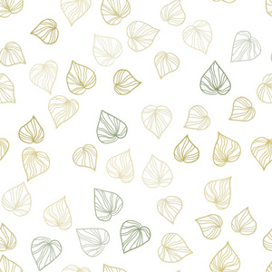 浅绿色黄色矢量无缝涂鸦布局与叶子。 闪亮的彩色插图与树叶涂鸦风格。 织物壁纸设计图案。