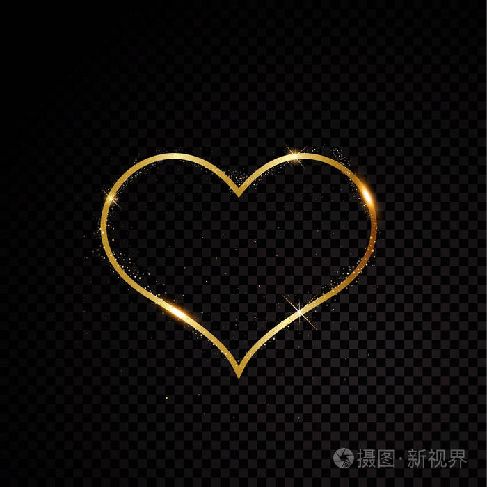 瓦伦丁的心闪耀着金色的框架.隔离在黑色透明背景上.向量例证