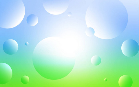 浅蓝绿色矢量纹理与磁盘。 模糊的气泡在抽象的背景上与彩色梯度。 美丽的设计为您的商业广告。