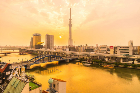 东京市美丽的建筑，日出时有东京天空之树