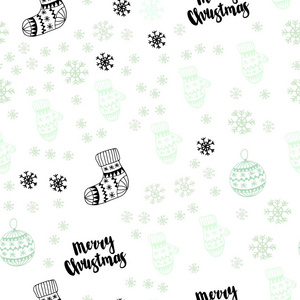 浅绿色矢量无缝布局与明亮的雪花球，袜子手套。 五颜六色的圣诞元素与梯度。 壁纸面料制造商的设计。