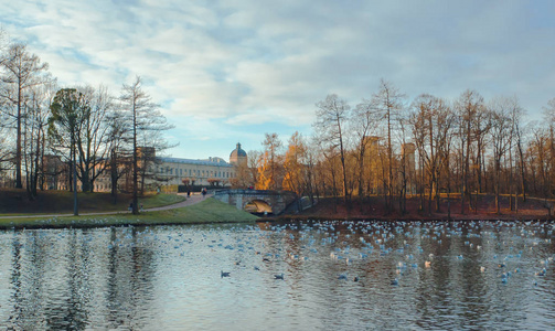 秋天风景与宫殿在湖边图片