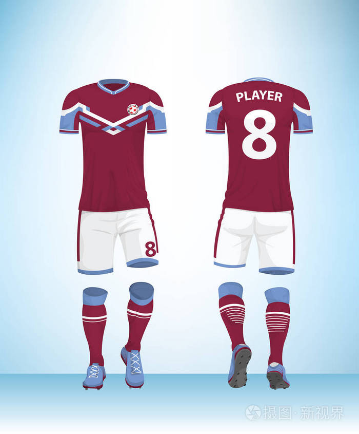 足球球衣或足球t恤模拟前后观看蓝色紫罗兰白色制服矢量图