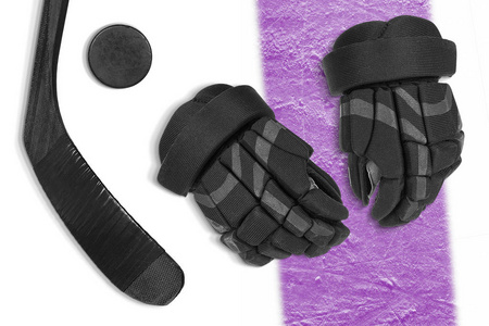 紫色条纹，手套，曲棍球棒和冰球。概念，曲棍球，背景