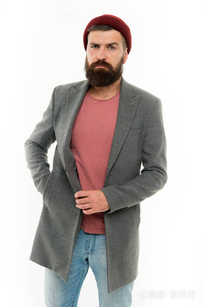 严重的人孤立在白色.有胡子的成熟嬉皮士.