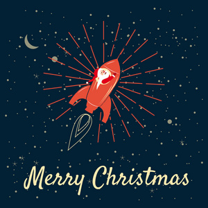 圣诞老人在火箭上飞在地球周围的太空, 圣诞快乐, 新年快乐, 复古。冬天, 星, 向量, 例证, 问候, 横幅, 海报, 被隔绝