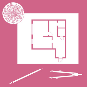 矢量插图与公寓计划，指南针，铅笔，仙人掌。建筑项目。