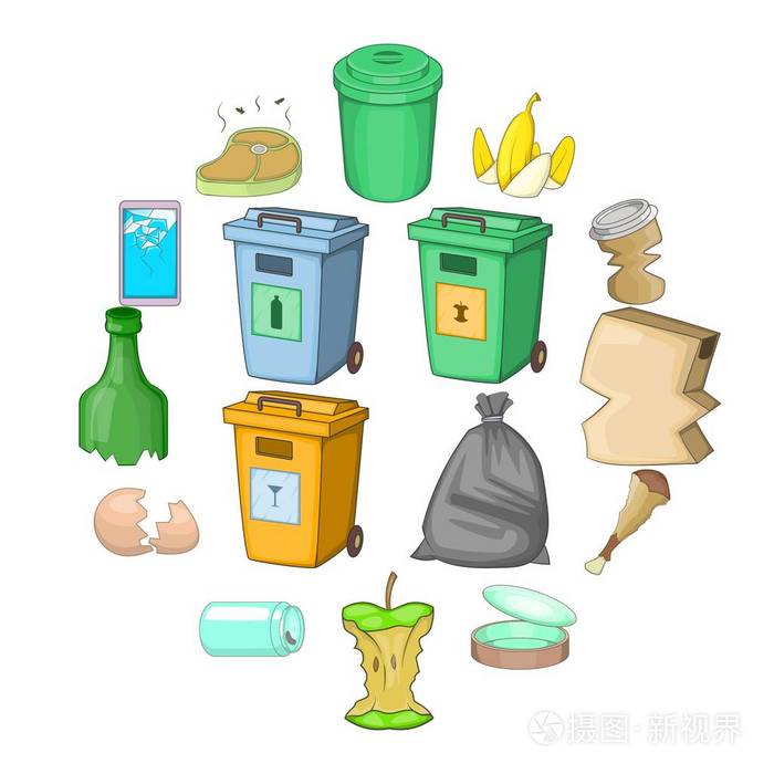 垃圾物品图标设置, 卡通风格插画-正版商用图片14oafj-摄图新视界