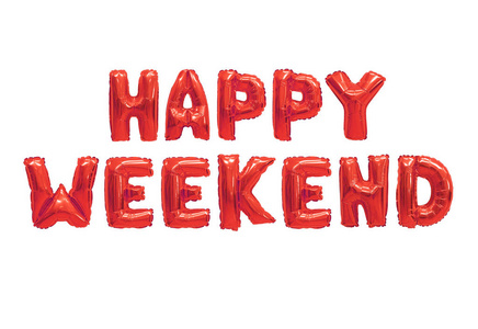 星期六字体设计单词快乐周末用英文字母从红色气球白色背景.