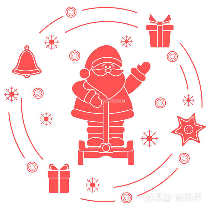 圣诞老人，礼物，铃铛，姜饼，星星，雪花..新年和圣诞节的象征。