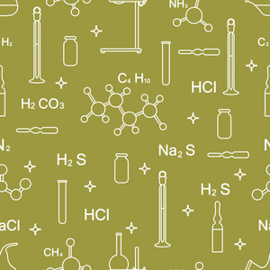 科学矢量无缝图案与烧瓶，试管，烧杯，工具和公式..教育要素。化学，生物，医学..