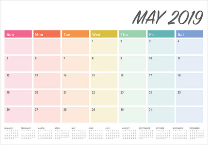 2019年5月办公桌日历矢量插图简单干净的设计。