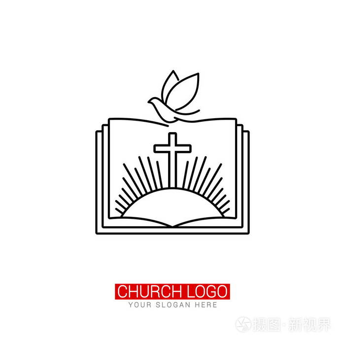 基督教的象征. 耶稣的十字架和鸽子在公开圣经的背景上