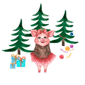 水彩可爱的猪字符, 圣诞树