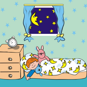 卧室里的小男孩在床上. 带泰迪熊和兔子矢量插图的孩子照片