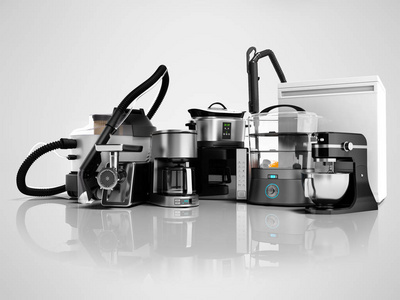 家用电器集团真空吸尘器微波炉咖啡机，水壶，绞肉机，蒸汽机，冰箱，销售3D渲染灰色背景与阴影