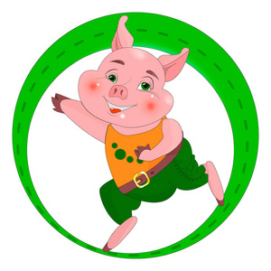 粉红色的猪在绿色的轮子里跑。 快乐的动物。