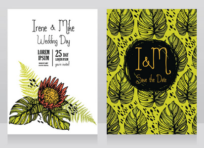 两张带有热带树叶和花朵的结婚卡片，并用矢量插图说明