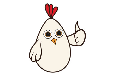 矢量卡通插图可爱母鸡竖起大拇指标志。 孤立在白色背景上。