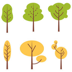一组抽象的风格化树。原始风格。夏天和秋天绿色和橙色树
