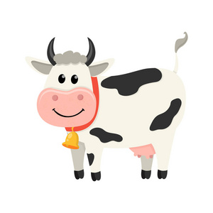 可爱的牛站着微笑。 一套可爱的奶牛角色在各种姿势。 你的设计矢量图