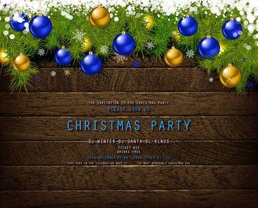 邀请参加圣诞派对的木制背景与锡和球。 矢量插图