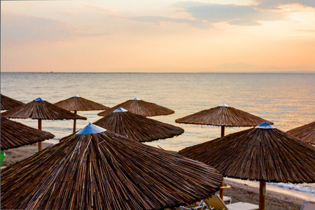 在清晨的阳光下，在公共海滩上的阳光黎明，带着茅草遮阳伞和沿着海岸线的躺椅。