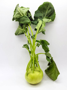 在白色背景下释放的新鲜Kohlrabi。