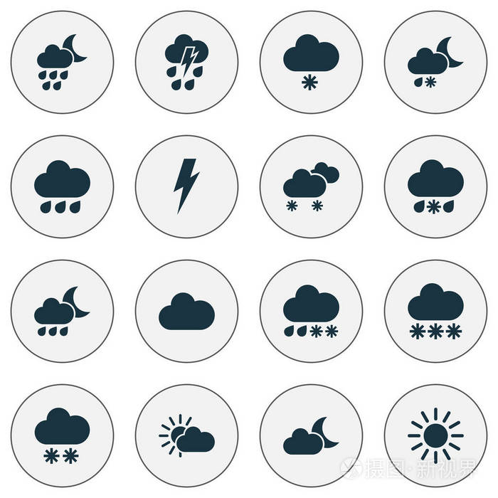 气候图标设置与雨, 新月, 阳光和其他潮湿的元素.