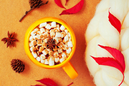 舒适的秋天概念与黄色杯可可与棉花糖肉桂和八角秋叶和针织白色围巾在木制背景。 顶部视图