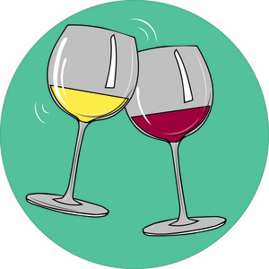 矢量图。 白色和红色葡萄酒的透明玻璃杯