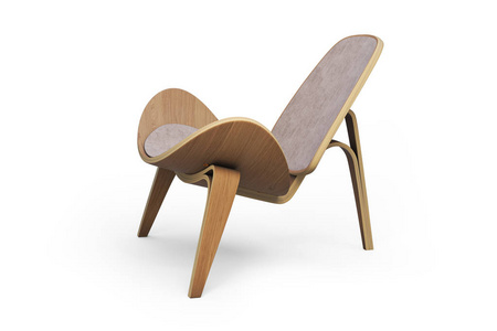 有软座位的木椅。 轻木奶油装潢。 现代椅子与纺织品座椅在白色背景与阴影。 3D渲染