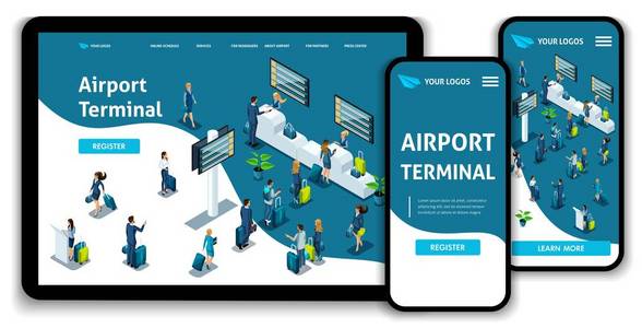 网站模板登陆页面上下文概念国际机场, 机场航站楼, 行李回收, 商务旅行。易于编辑和自定义, 适应性