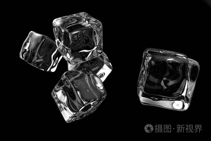 在黑色背景上分离出五个透明冰块。 3D渲染
