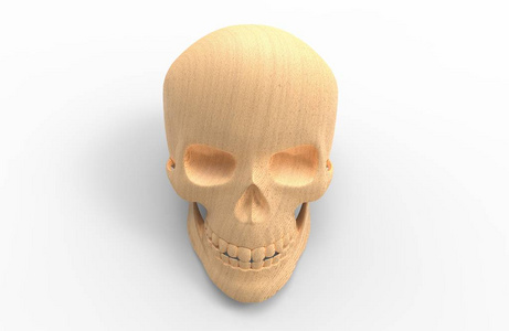 白色背景上有阴影的木制孤立的人类头骨。 3D渲染