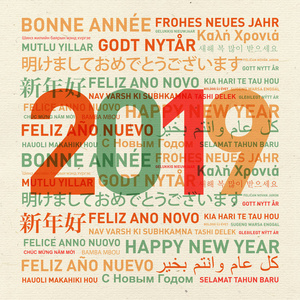 新年快乐，2019年，来自世界各地的不同语言的古董卡。