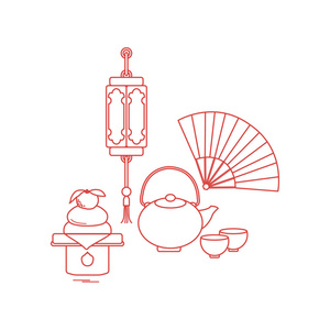 东部新年标志。 中国灯笼水壶与两个杯子风扇卡加米莫奇。 不同国家的节日传统。