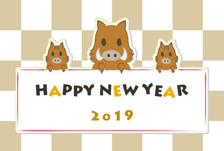 新年卡有三头野猪和棋盘背景。