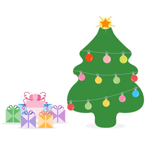 新年快乐2019和圣诞矢量插图。 装饰圣诞树的礼物。