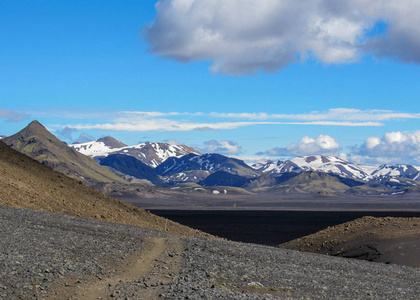 途径Maelifellsandur火山黑沙沙漠，周围是火山和山脉，覆盖着雪的笑声小径，在Emstrbotnar和Alftava