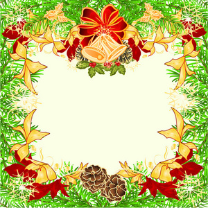 圣诞节和新年装饰框架，红色圣诞装饰，金色和红色一品红，树叶和杉树枝，金色雪花，复古矢量插图，可编辑手绘