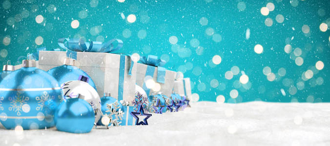 蓝色圣诞礼物和宝布排列在蓝色背景3D渲染。