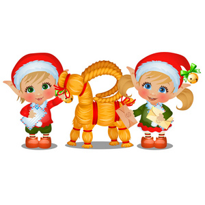 设置的女孩和男孩圣诞老人帮助与秸秆绵羊查出在白色背景。圣诞节和新年的属性。向量动画片特写例证